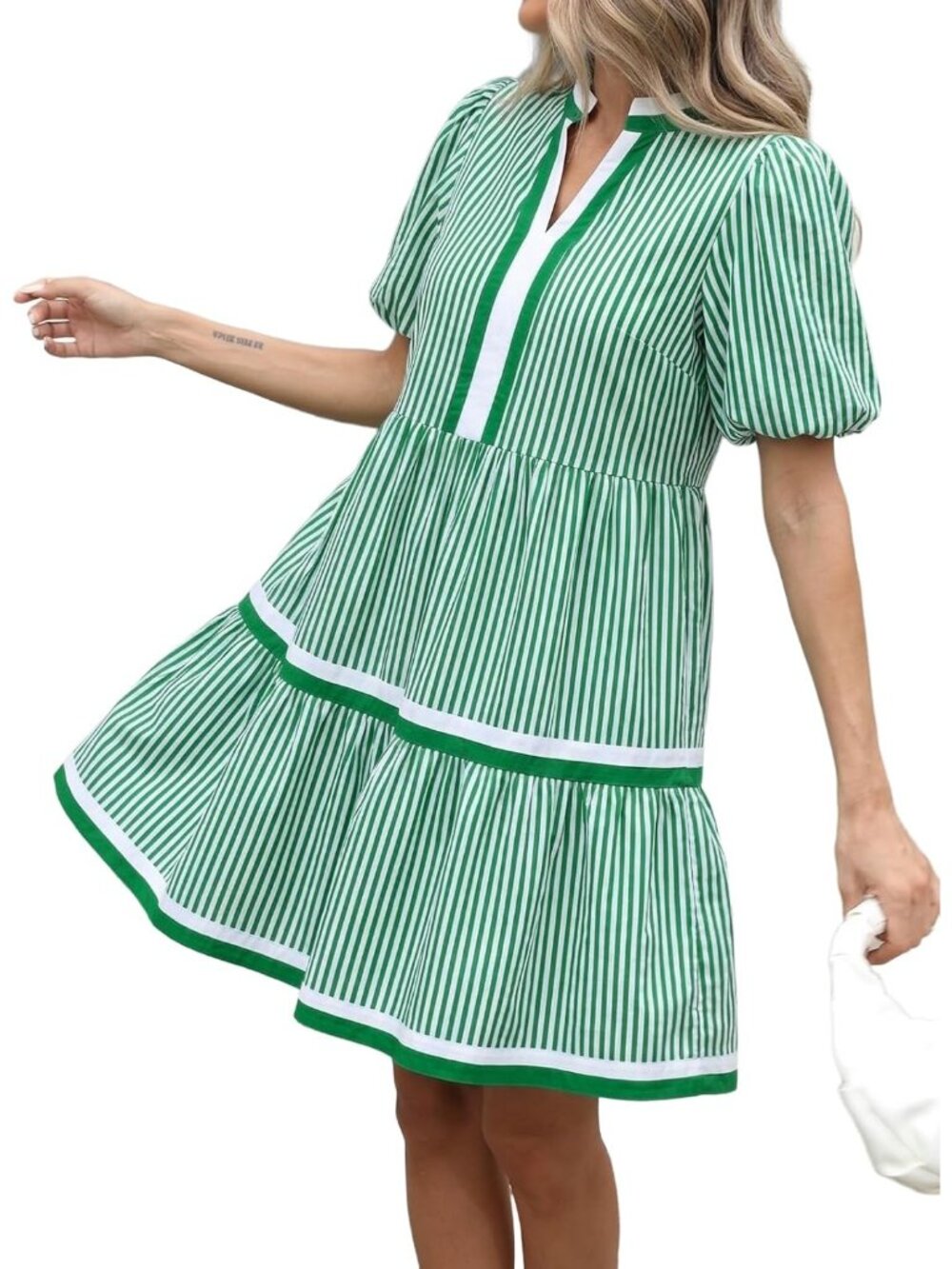 Women's Green V Neck Puff Sleeve Floral Baby Doll Striped Imported Mini Dress
